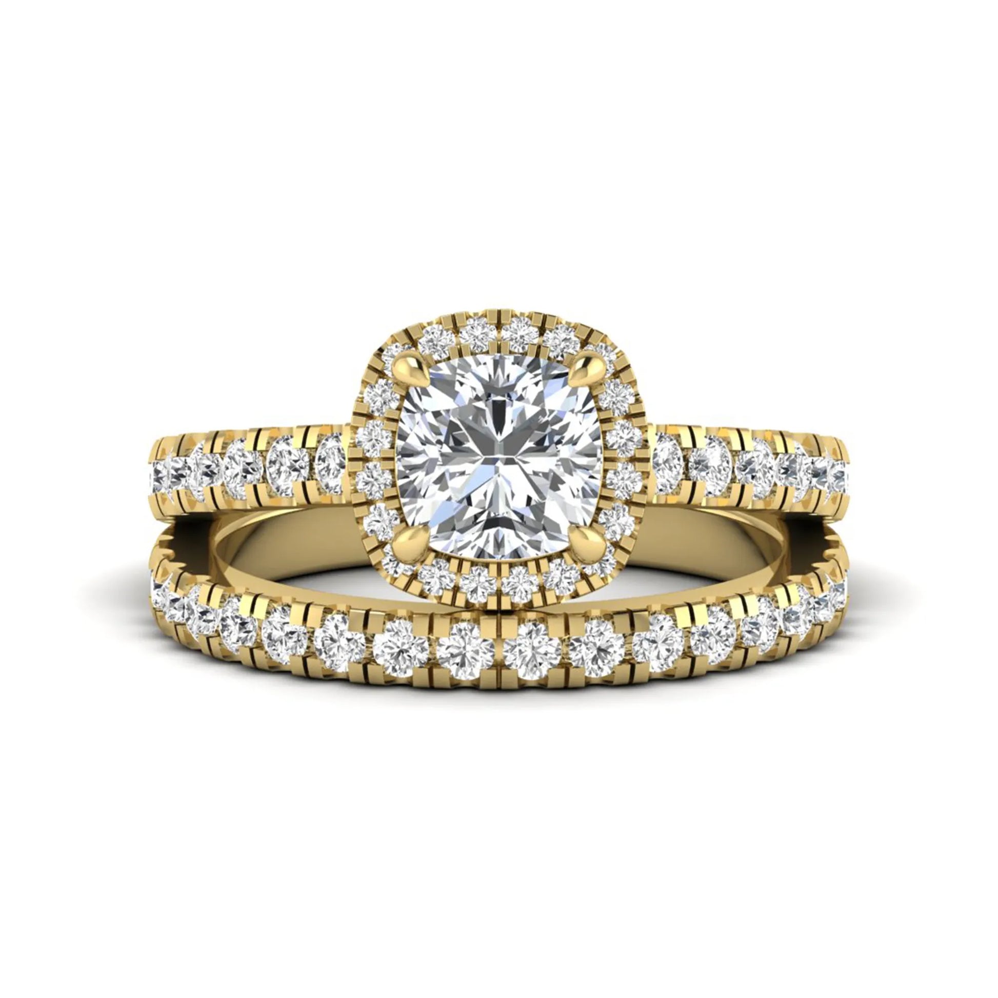 Cushion Halo Bridal Ring Set featuring a 6.00 mm cushion-cut lab grown diamond with a cushion halo, pavé cathedral engagement ring, and matching pavé wedding band in yellow gold