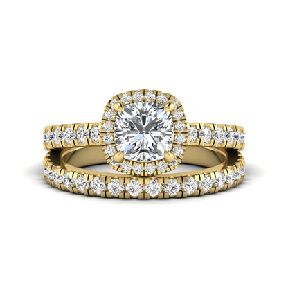 Cushion Halo Bridal Ring Set featuring a 6.00 mm cushion-cut lab grown diamond with a cushion halo, pavé cathedral engagement ring, and matching pavé wedding band in yellow gold