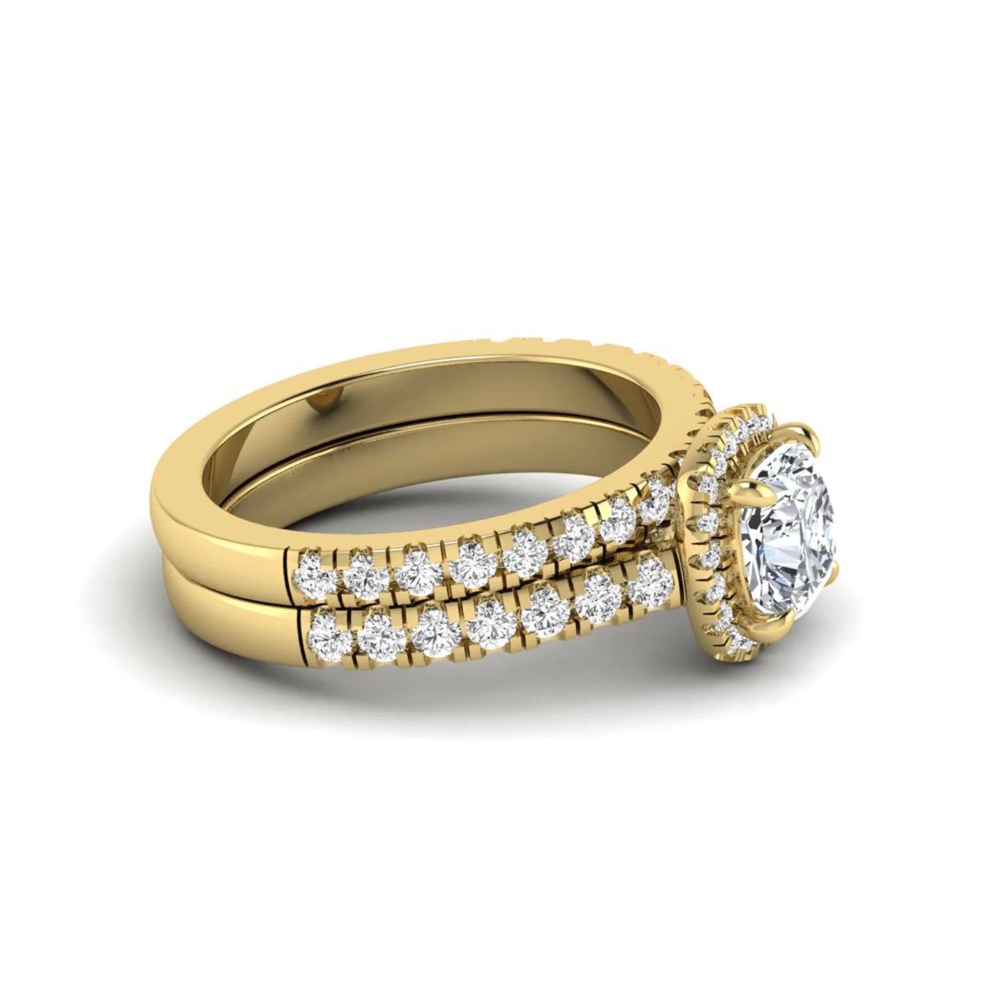 Cushion Halo Bridal Ring Set featuring a 6.00 mm cushion-cut lab grown diamond with a cushion halo, pavé cathedral engagement ring, and matching pavé wedding band in yellow gold
