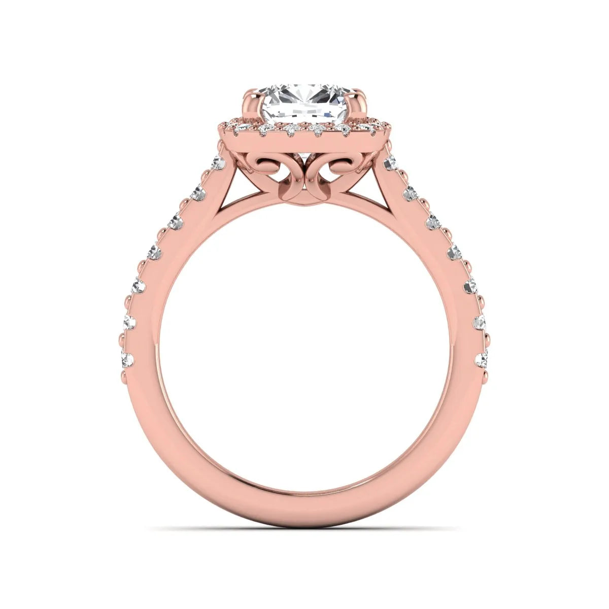 Cushion cut lab grown diamond halo engagement ring featuring a four-prong center diamond, round diamond halo, and pavé diamond band in a rose gold finish.