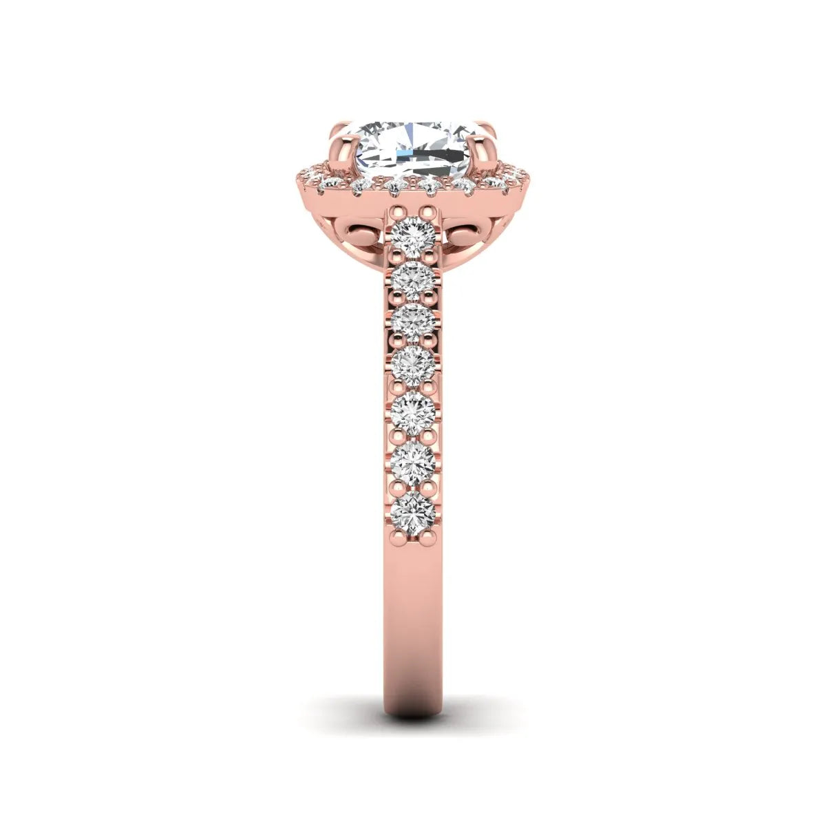 Cushion cut lab grown diamond halo engagement ring featuring a four-prong center diamond, round diamond halo, and pavé diamond band in a rose gold finish.
