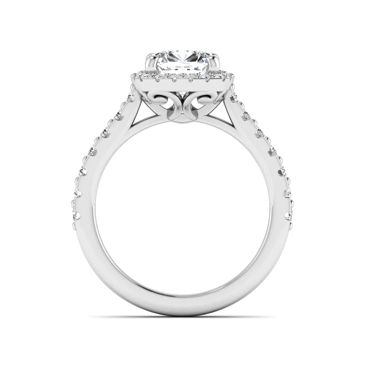 Cushion cut lab grown diamond halo engagement ring featuring a four-prong center diamond, round diamond halo, and pavé diamond band in a white gold finish.