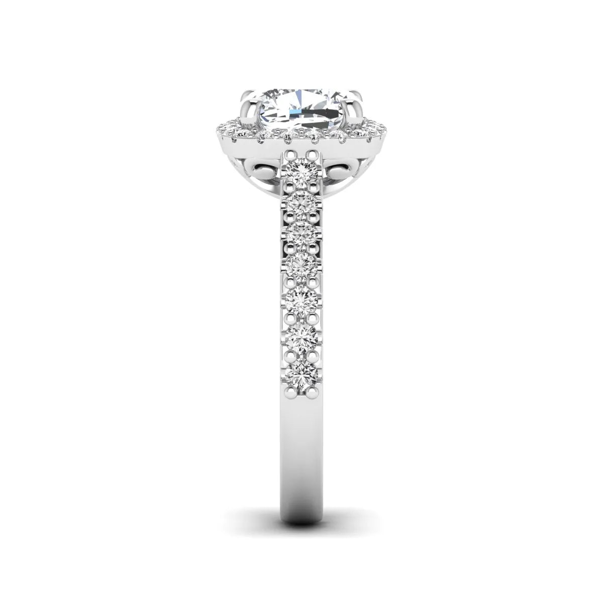 Cushion cut lab grown diamond halo engagement ring featuring a four-prong center diamond, round diamond halo, and pavé diamond band in a white gold finish.