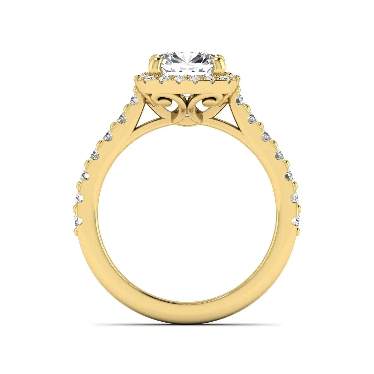 Cushion cut lab grown diamond halo engagement ring featuring a four-prong center diamond, round diamond halo, and pavé diamond band in a yellow gold finish.