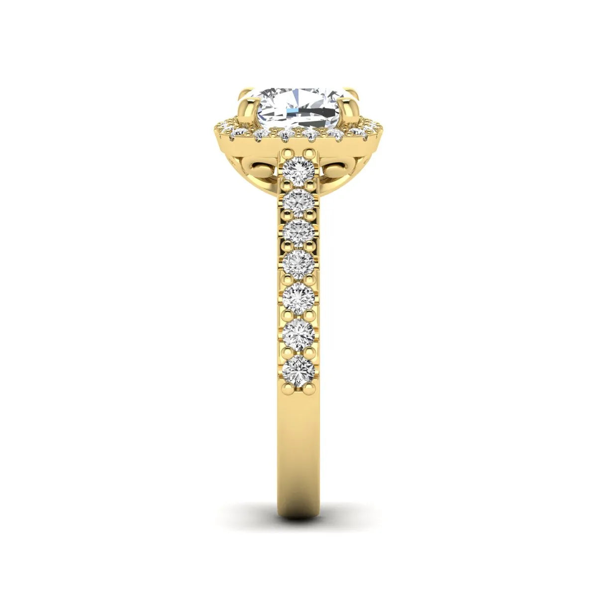 Cushion cut lab grown diamond halo engagement ring featuring a four-prong center diamond, round diamond halo, and pavé diamond band in a yellow gold finish.