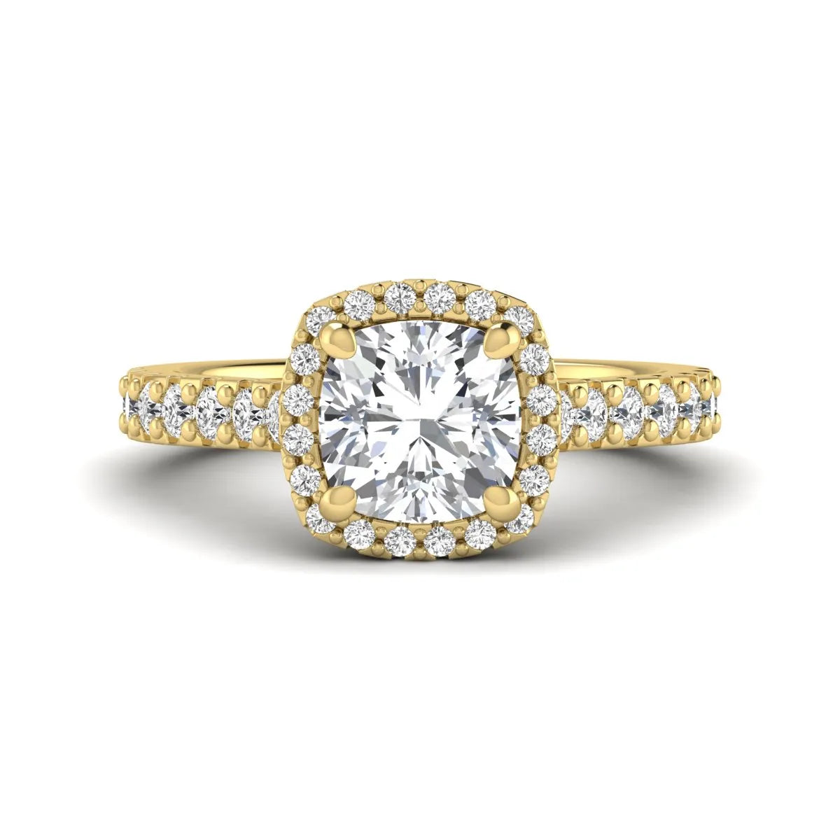 Cushion cut lab grown diamond halo engagement ring featuring a four-prong center diamond, round diamond halo, and pavé diamond band in a yellow gold finish.
