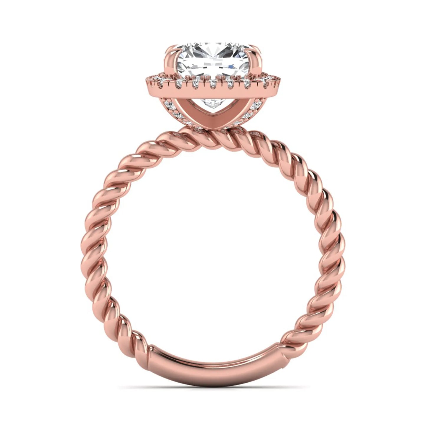 Cushion cut lab grown diamond halo engagement ring featuring a twisted rope band, four-prong setting, and round accent diamonds in a rose gold tone design.