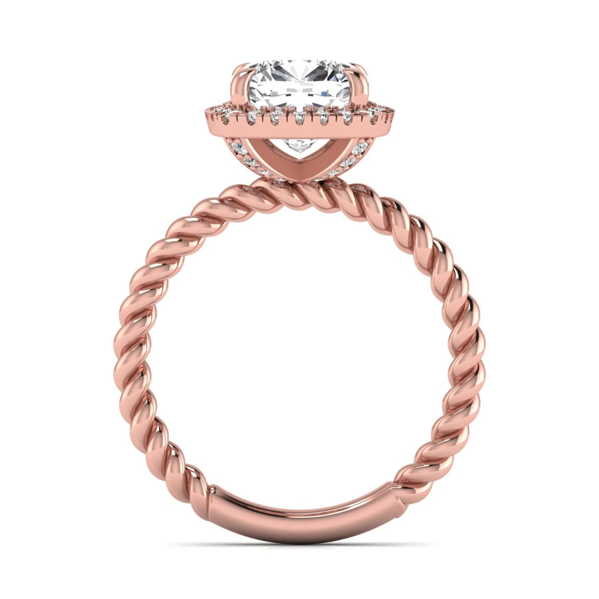 Cushion cut lab grown diamond halo engagement ring featuring a twisted rope band, four-prong setting, and round accent diamonds in a rose gold tone design.