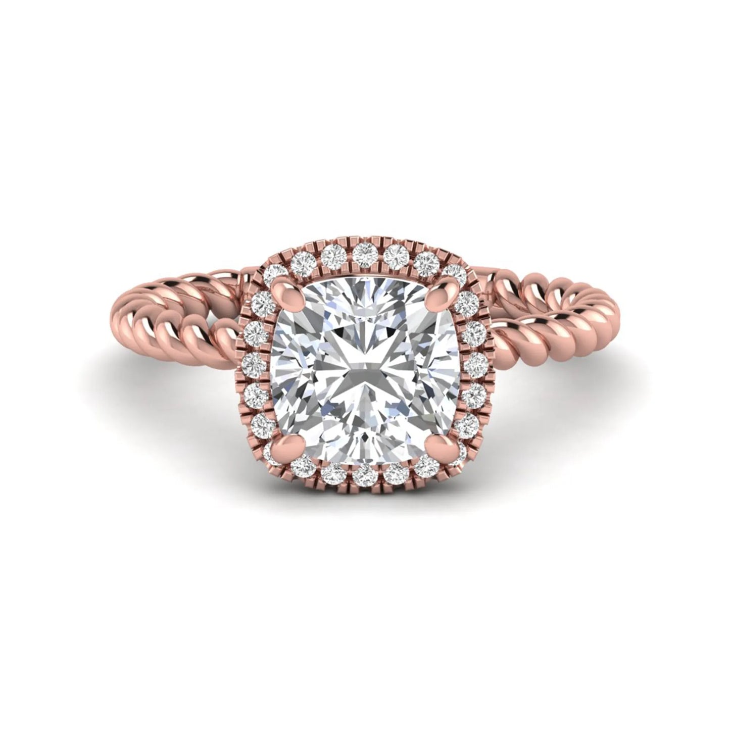 Cushion cut lab grown diamond halo engagement ring featuring a twisted rope band, four-prong setting, and round accent diamonds in a rose gold tone design.