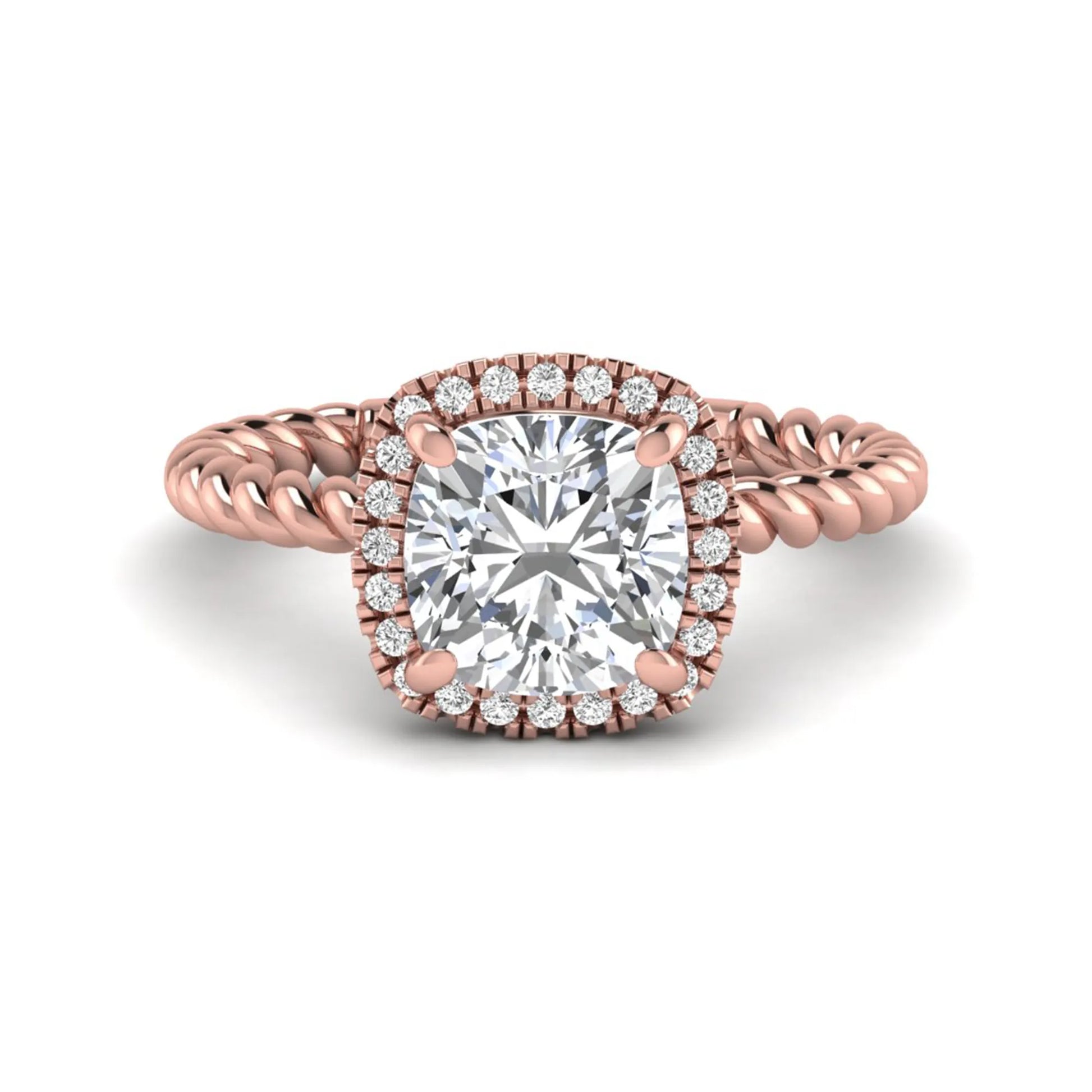 Cushion cut lab grown diamond halo engagement ring featuring a twisted rope band, four-prong setting, and round accent diamonds in a rose gold tone design.