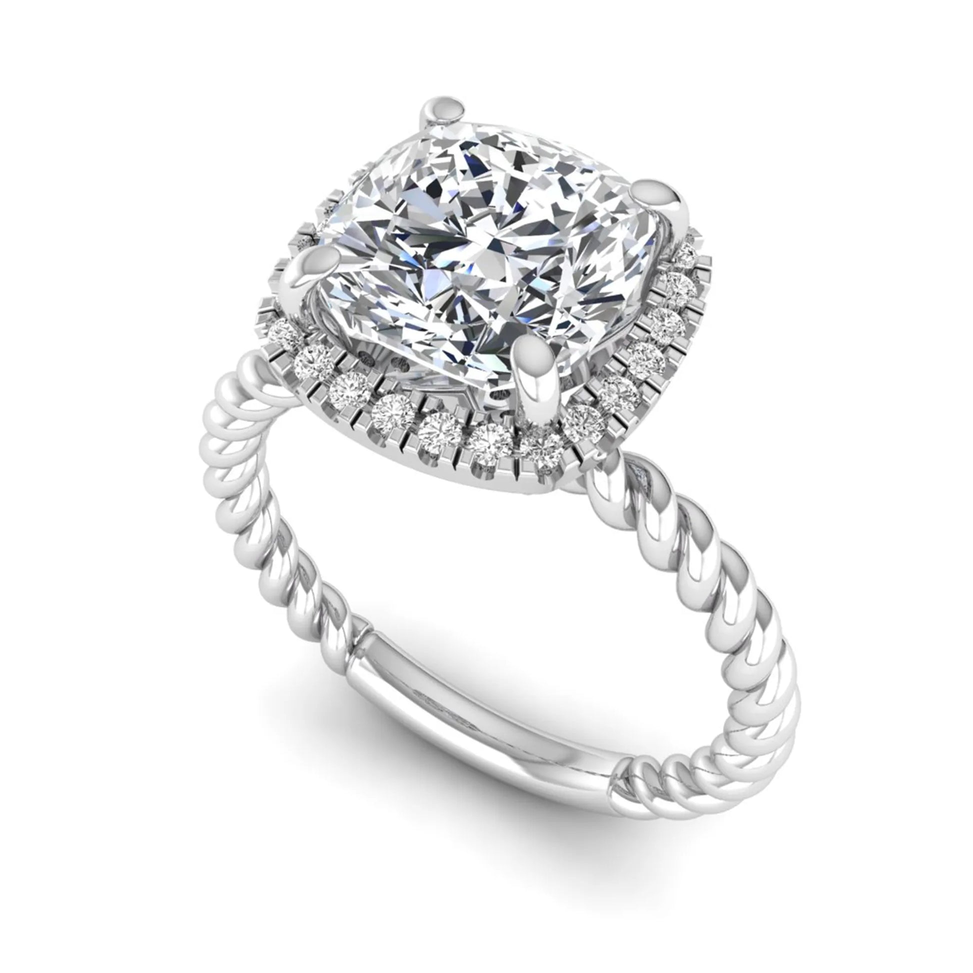 Cushion cut lab grown diamond halo engagement ring featuring a twisted rope band, four-prong setting, and round accent diamonds in a white gold tone design.