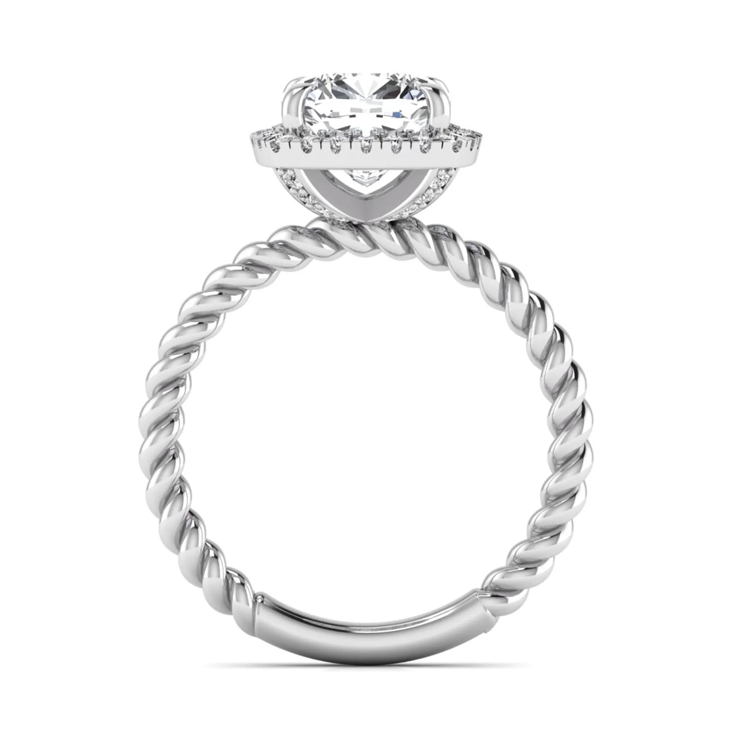 Cushion cut lab grown diamond halo engagement ring featuring a twisted rope band, four-prong setting, and round accent diamonds in a white gold tone design.