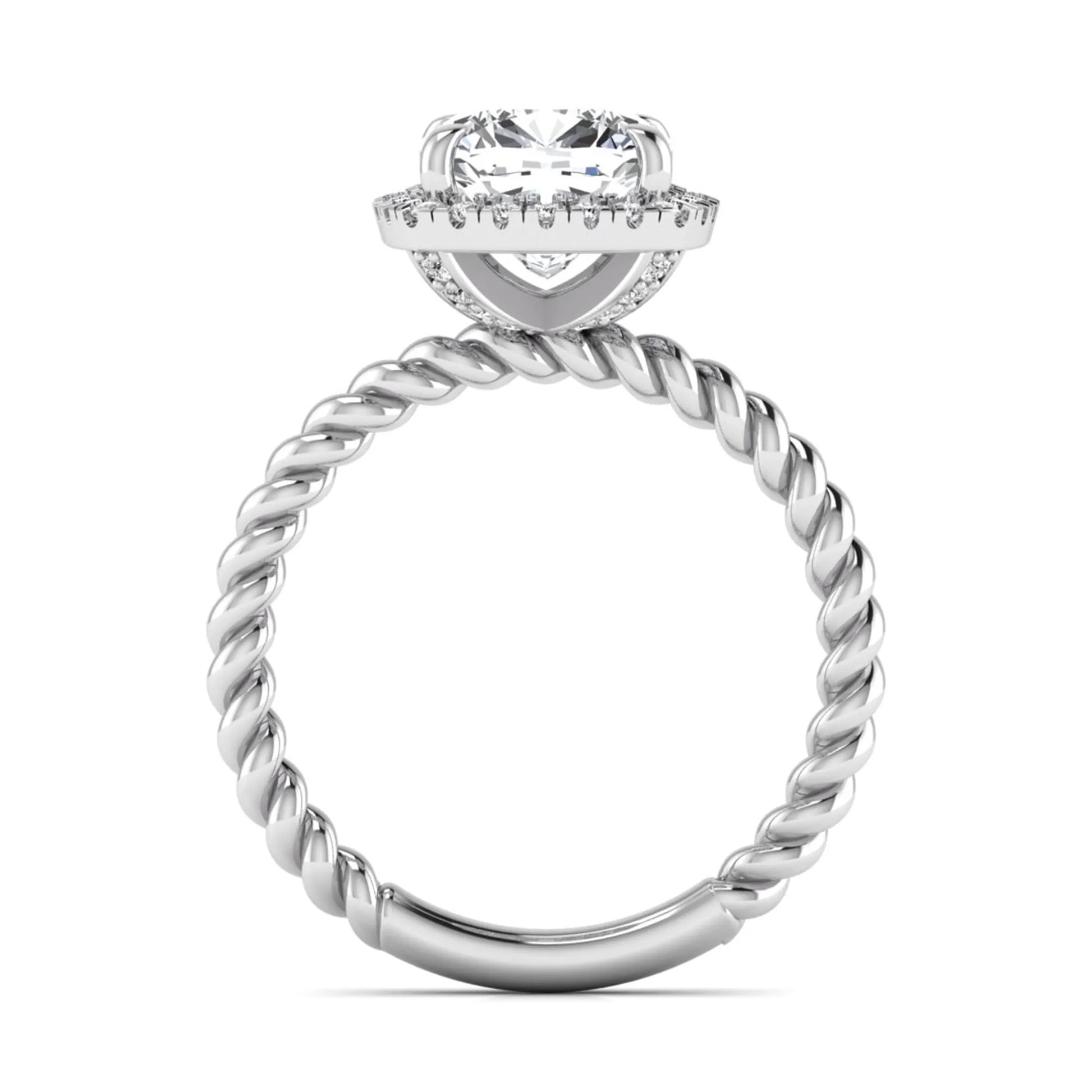 Cushion cut lab grown diamond halo engagement ring featuring a twisted rope band, four-prong setting, and round accent diamonds in a white gold tone design.