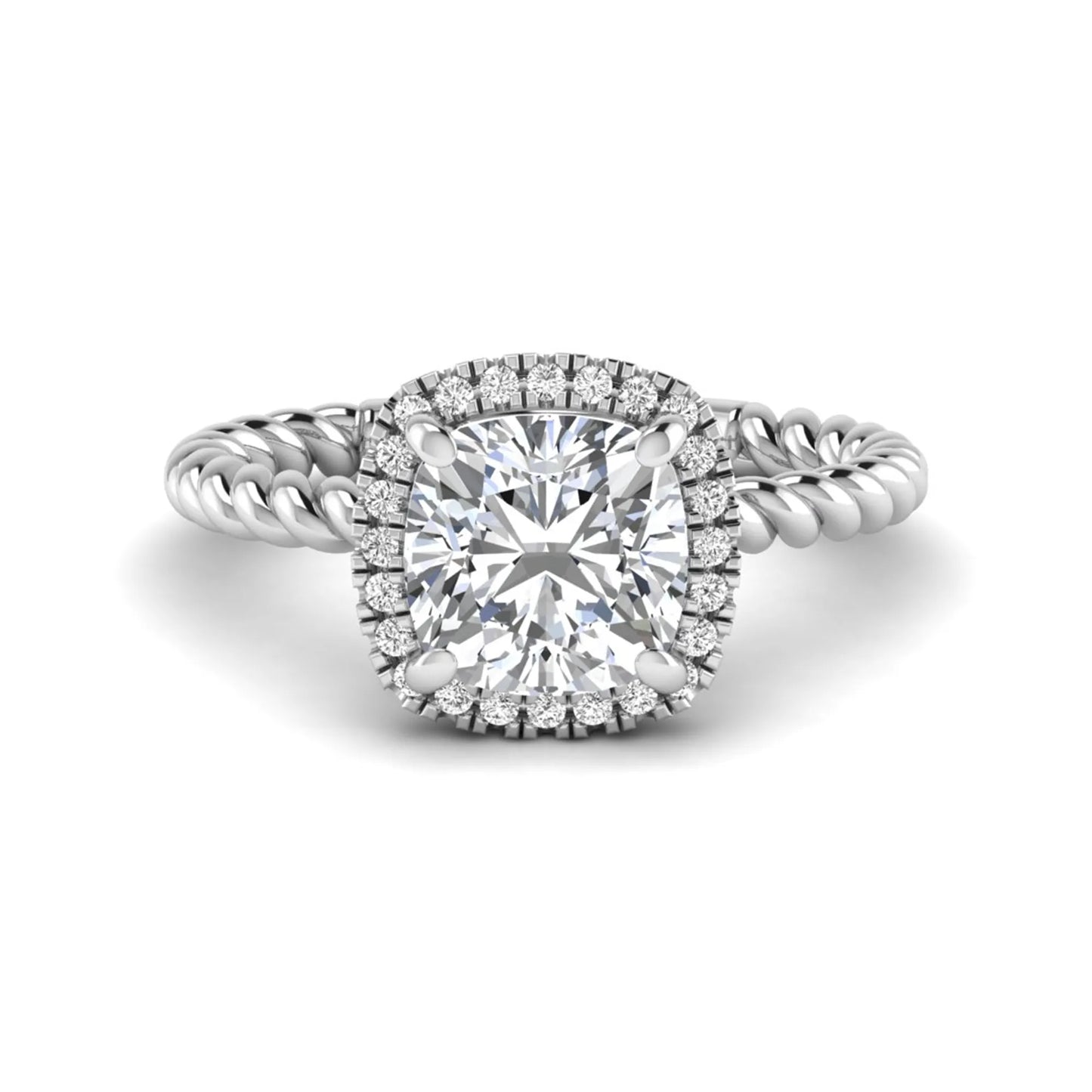 Cushion cut lab grown diamond halo engagement ring featuring a twisted rope band, four-prong setting, and round accent diamonds in a white gold tone design.