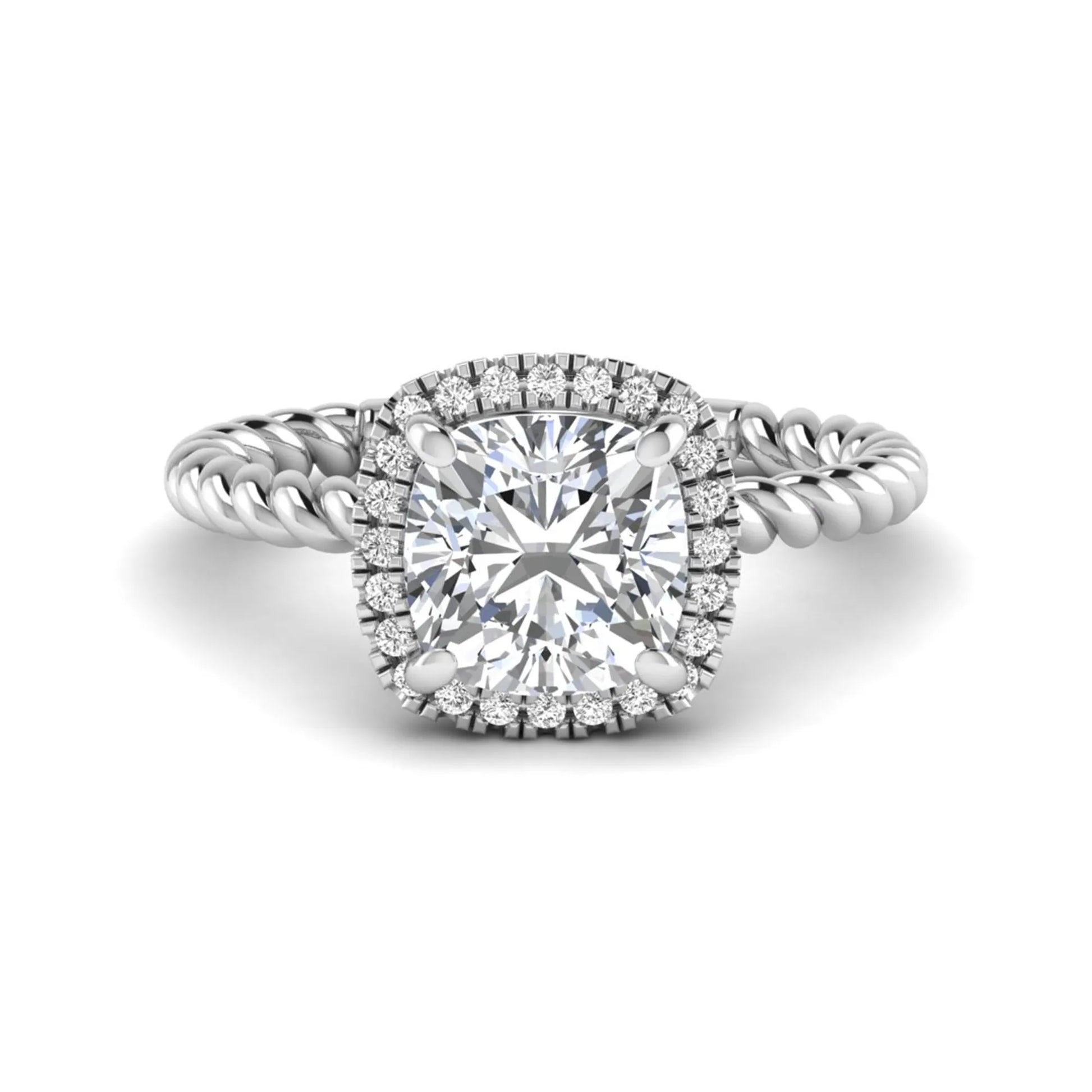 Cushion cut lab grown diamond halo engagement ring featuring a twisted rope band, four-prong setting, and round accent diamonds in a white gold tone design.