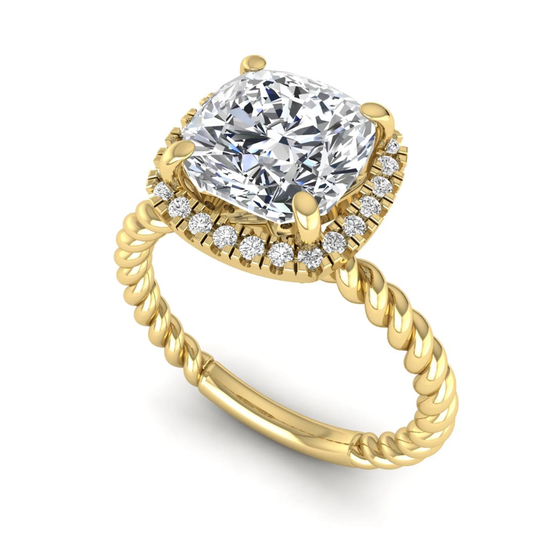 Cushion cut lab grown diamond halo engagement ring featuring a twisted rope band, four-prong setting, and round accent diamonds in a yellow gold tone design.