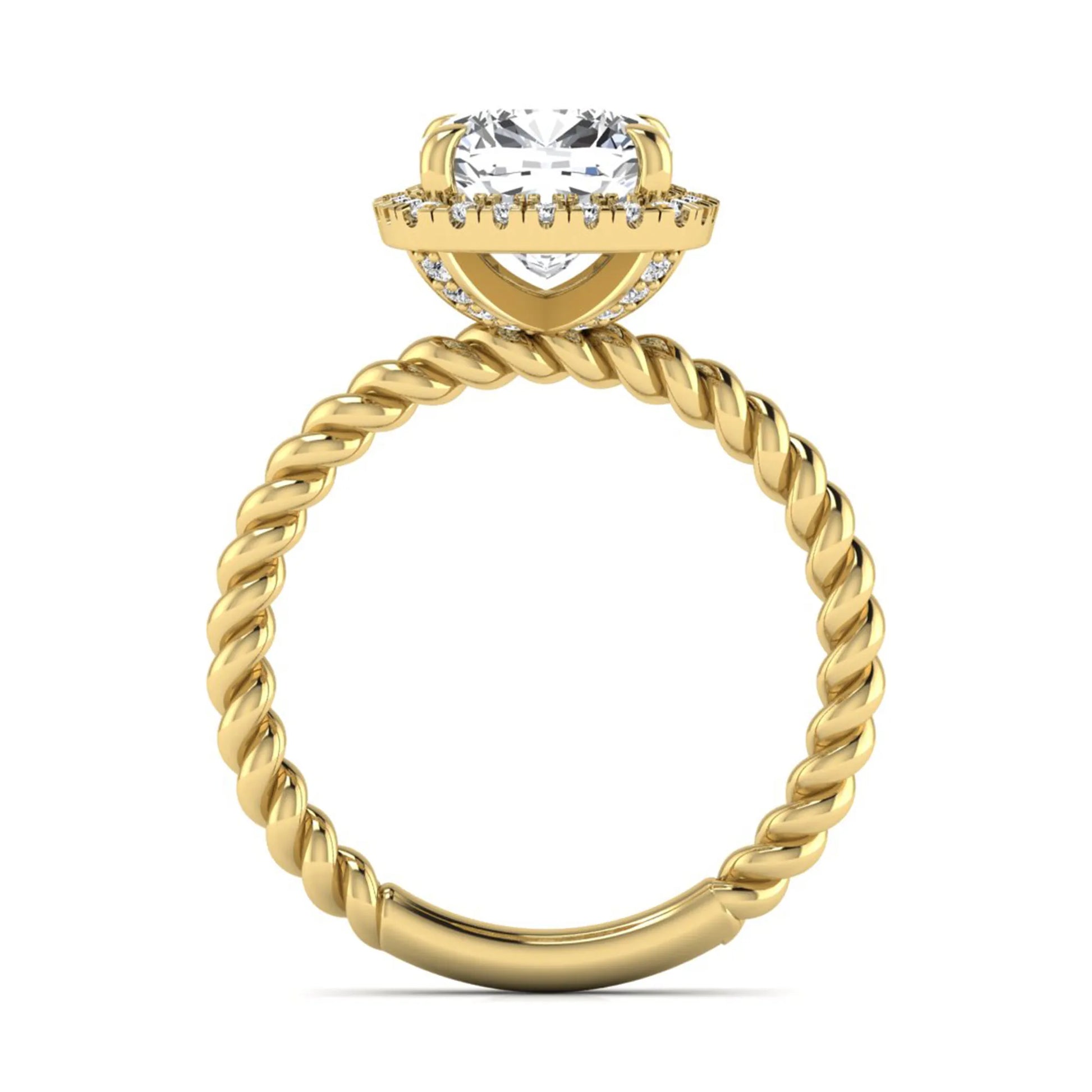 Cushion cut lab grown diamond halo engagement ring featuring a twisted rope band, four-prong setting, and round accent diamonds in a yellow gold tone design.
