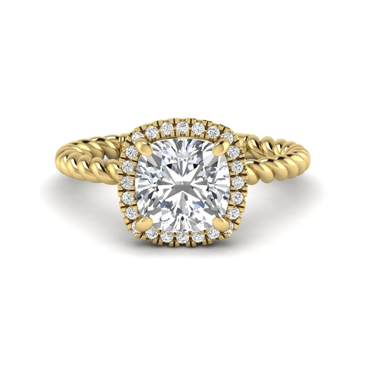 Cushion cut lab grown diamond halo engagement ring featuring a twisted rope band, four-prong setting, and round accent diamonds in a yellow gold tone design.