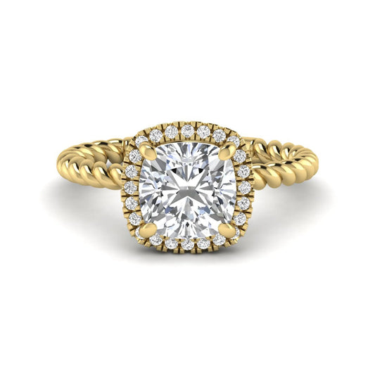 Cushion cut lab grown diamond halo engagement ring featuring a twisted rope band, four-prong setting, and round accent diamonds in a yellow gold tone design.