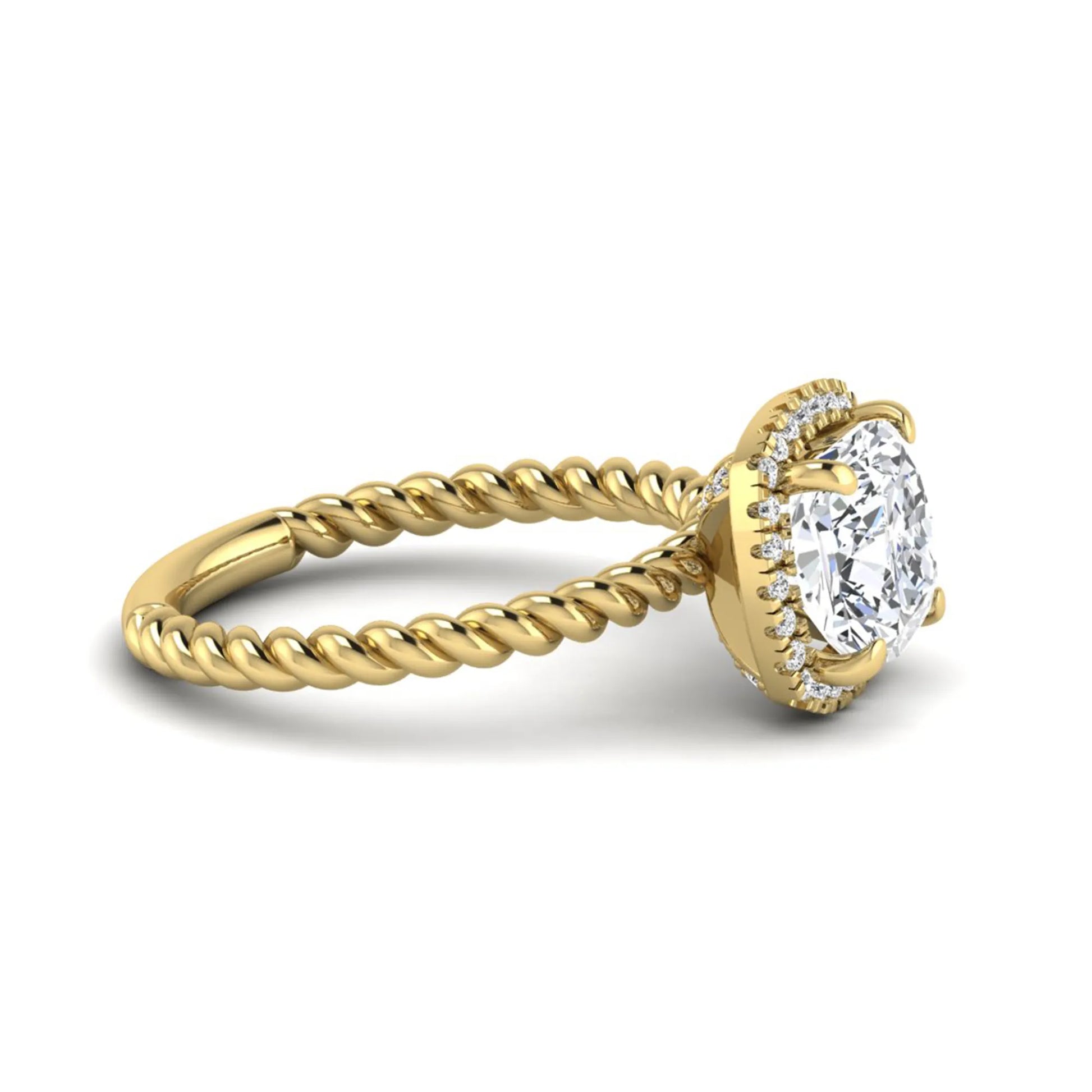 Cushion cut lab grown diamond halo engagement ring featuring a twisted rope band, four-prong setting, and round accent diamonds in a yellow gold tone design.