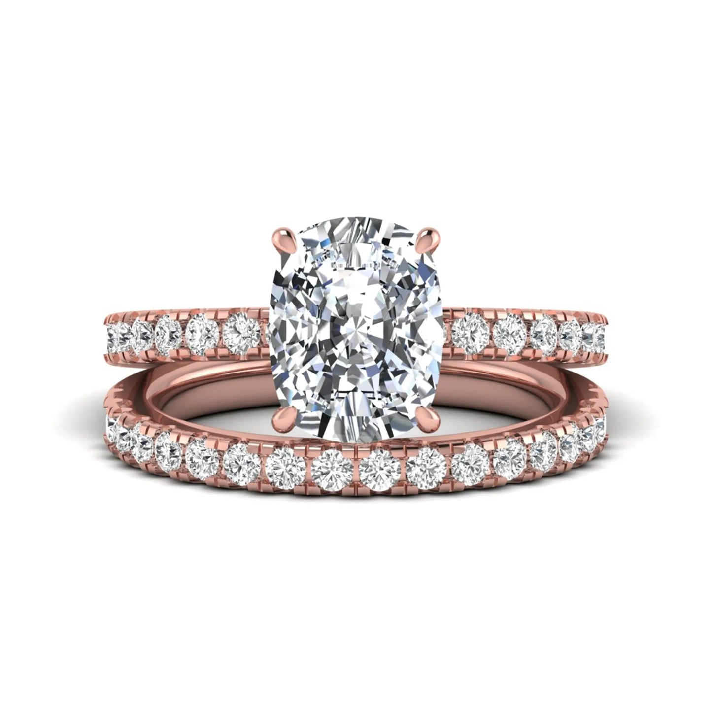 Cushion cut lab grown diamond hidden halo bridal ring set with pavé round diamonds and matching wedding band in a rose gold tone finish.