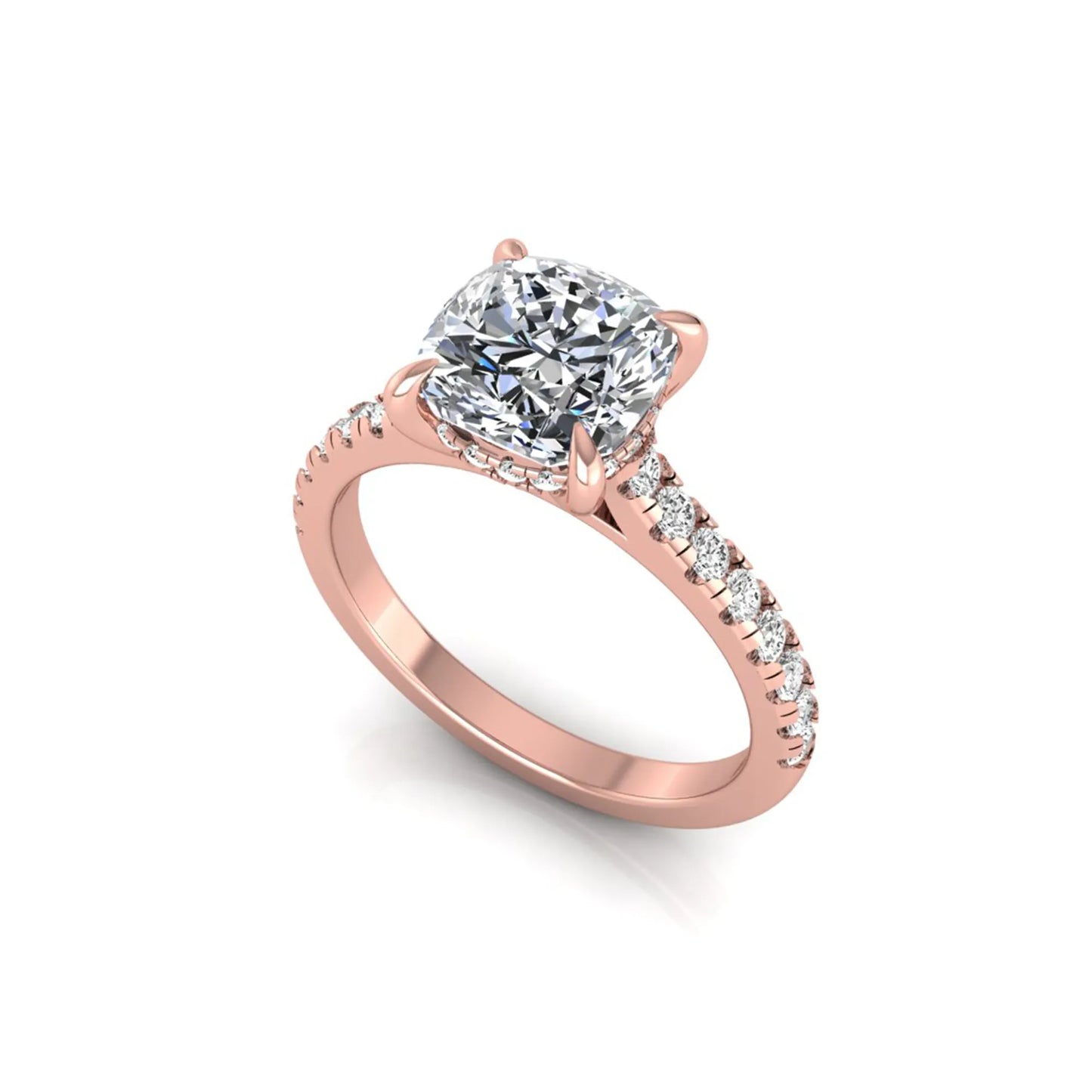 Cushion cut hidden halo lab grown diamond engagement ring featuring a 1.67 carat center diamond with a four-prong setting and round accent diamonds in a rose gold design.