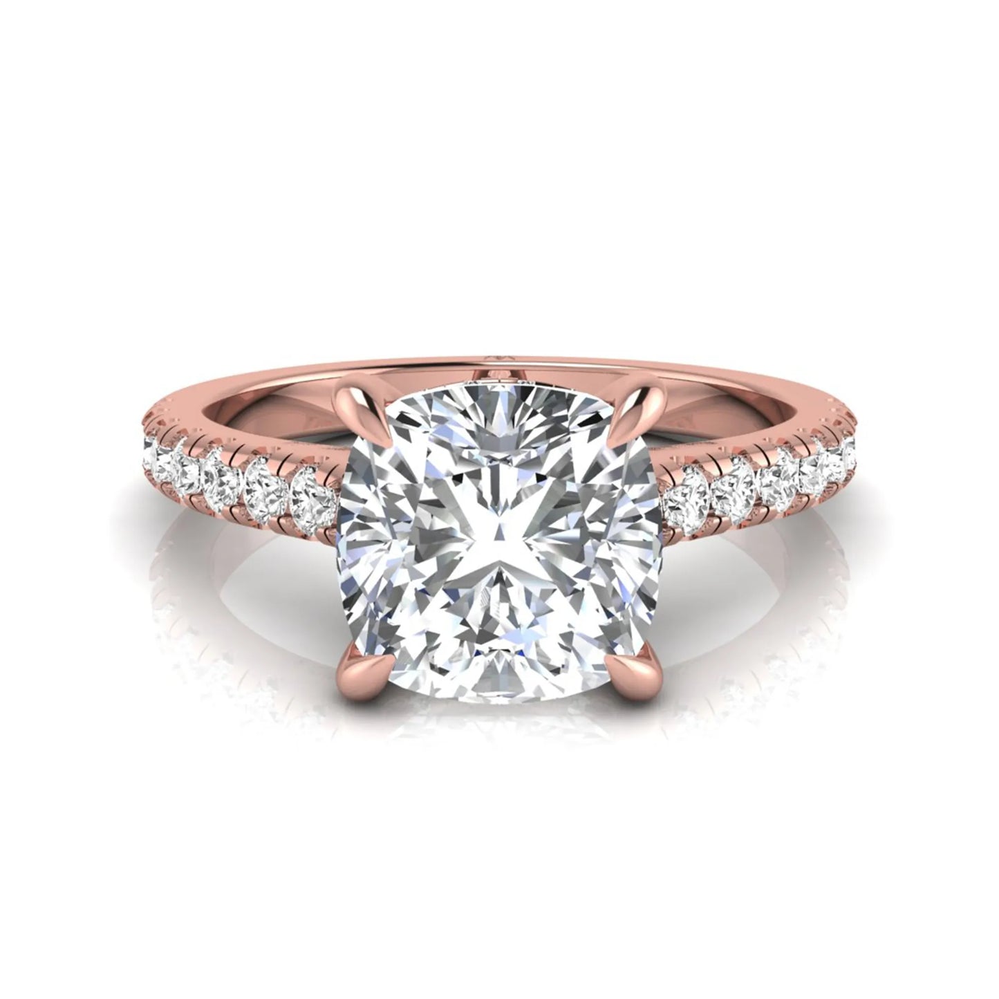 Cushion cut hidden halo lab grown diamond engagement ring featuring a 1.67 carat center diamond with a four-prong setting and round accent diamonds in a rose gold design.