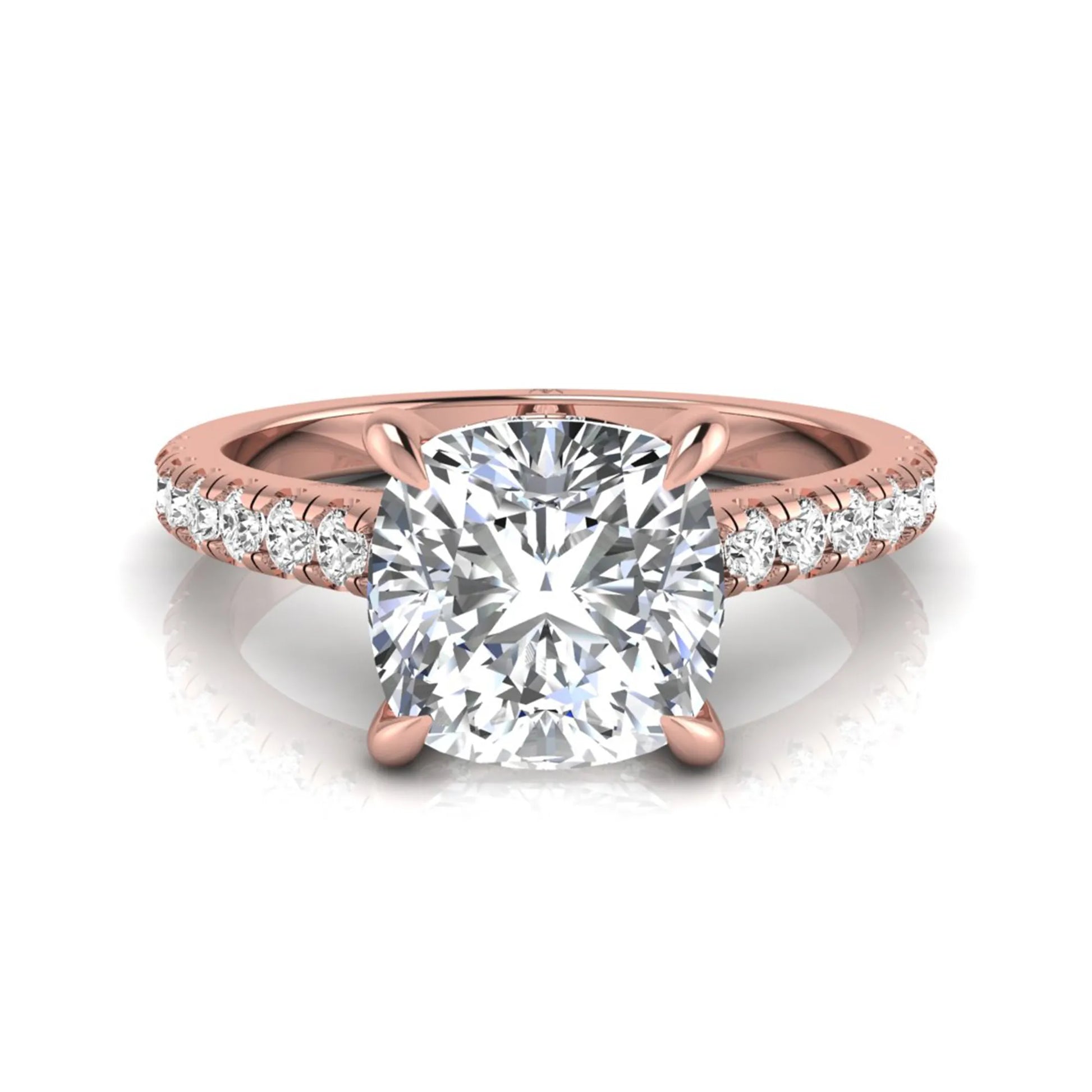Cushion cut hidden halo lab grown diamond engagement ring featuring a 1.67 carat center diamond with a four-prong setting and round accent diamonds in a rose gold design.