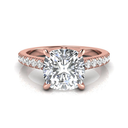 Cushion cut hidden halo lab grown diamond engagement ring featuring a 1.67 carat center diamond with a four-prong setting and round accent diamonds in a rose gold design.
