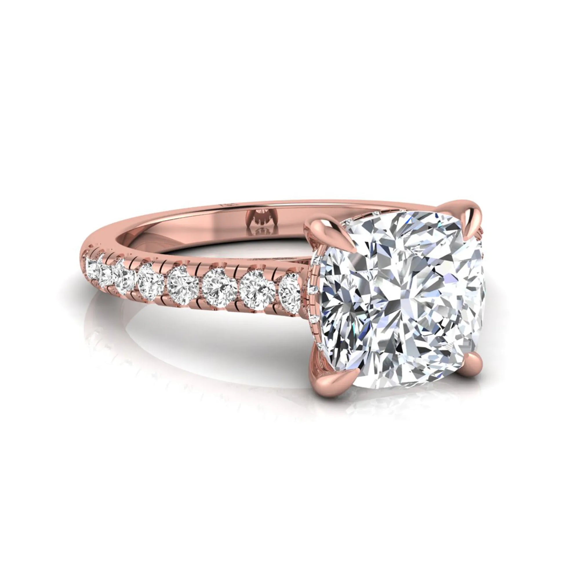 Cushion cut hidden halo lab grown diamond engagement ring featuring a 1.67 carat center diamond with a four-prong setting and round accent diamonds in a rose gold design.