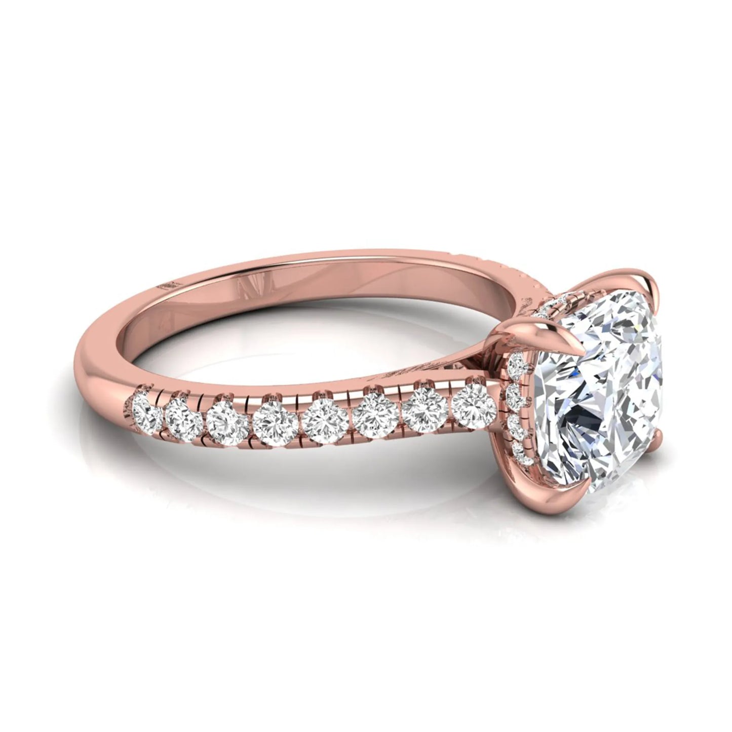 Cushion cut hidden halo lab grown diamond engagement ring featuring a 1.67 carat center diamond with a four-prong setting and round accent diamonds in a rose gold design.