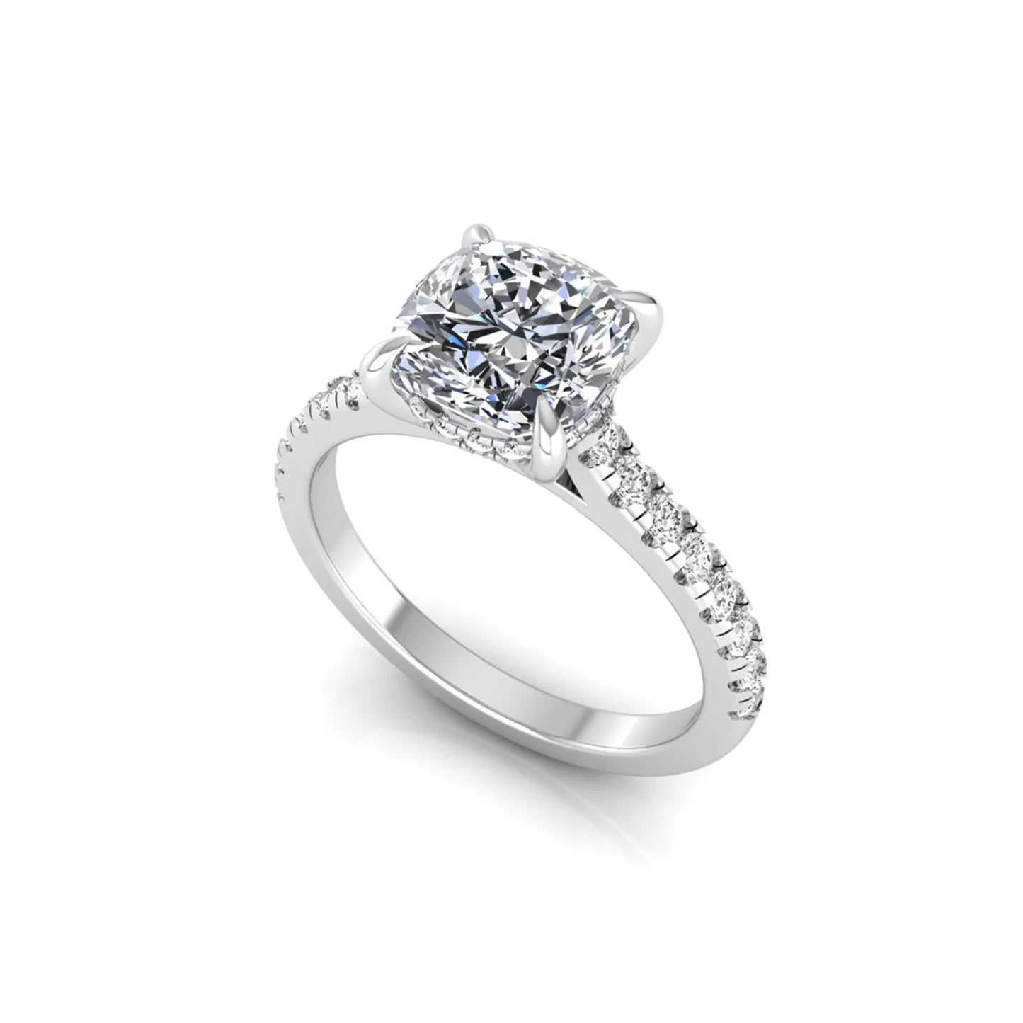 Cushion cut hidden halo lab grown diamond engagement ring featuring a 1.67 carat center diamond with a four-prong setting and round accent diamonds in a white gold design.
