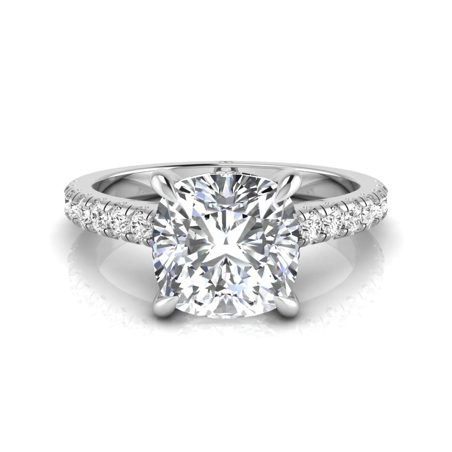 Cushion cut hidden halo lab grown diamond engagement ring featuring a 1.67 carat center diamond with a four-prong setting and round accent diamonds in a white gold design.