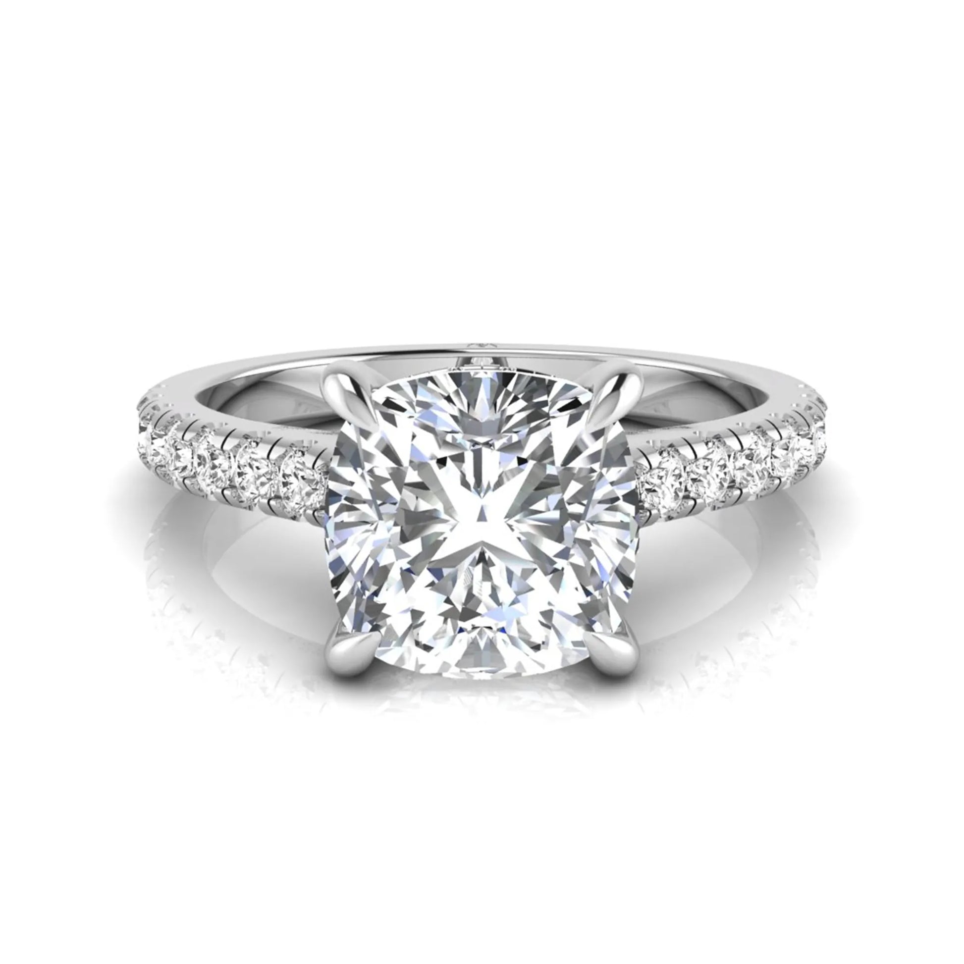 Cushion cut hidden halo lab grown diamond engagement ring featuring a 1.67 carat center diamond with a four-prong setting and round accent diamonds in a white gold design.
