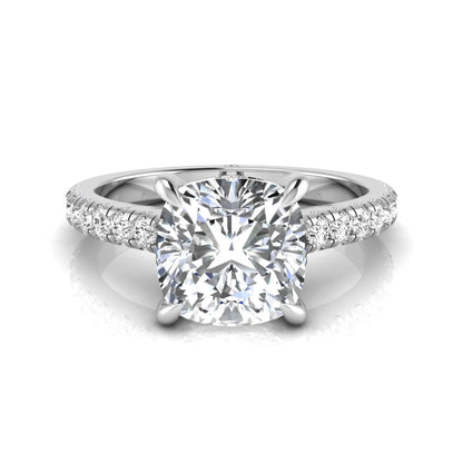 Cushion cut hidden halo lab grown diamond engagement ring featuring a 1.67 carat center diamond with a four-prong setting and round accent diamonds in a white gold design.