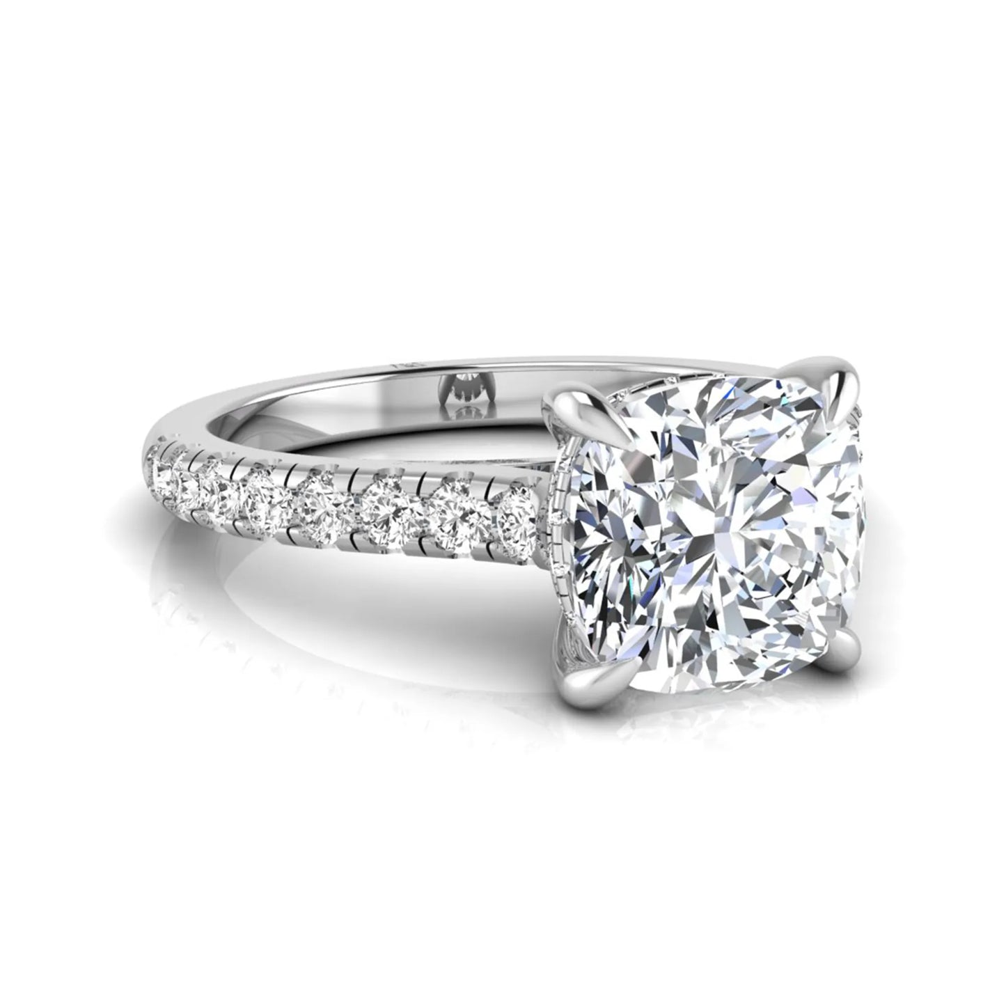 Cushion cut hidden halo lab grown diamond engagement ring featuring a 1.67 carat center diamond with a four-prong setting and round accent diamonds in a white gold design.