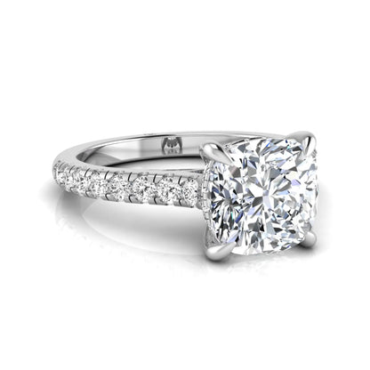 Cushion cut hidden halo lab grown diamond engagement ring featuring a 1.67 carat center diamond with a four-prong setting and round accent diamonds in a white gold design.