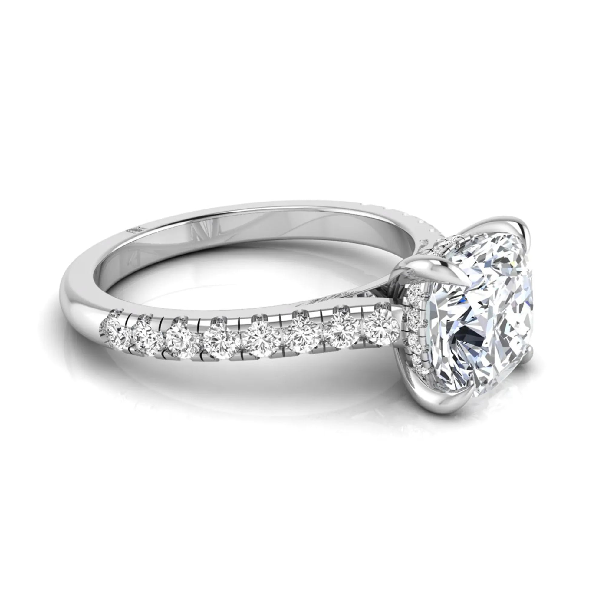 Cushion cut hidden halo lab grown diamond engagement ring featuring a 1.67 carat center diamond with a four-prong setting and round accent diamonds in a white gold design.