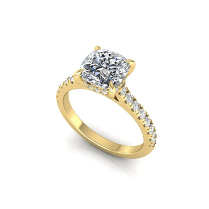 Cushion cut hidden halo lab grown diamond engagement ring featuring a 1.67 carat center diamond with a four-prong setting and round accent diamonds in a yellow gold design.