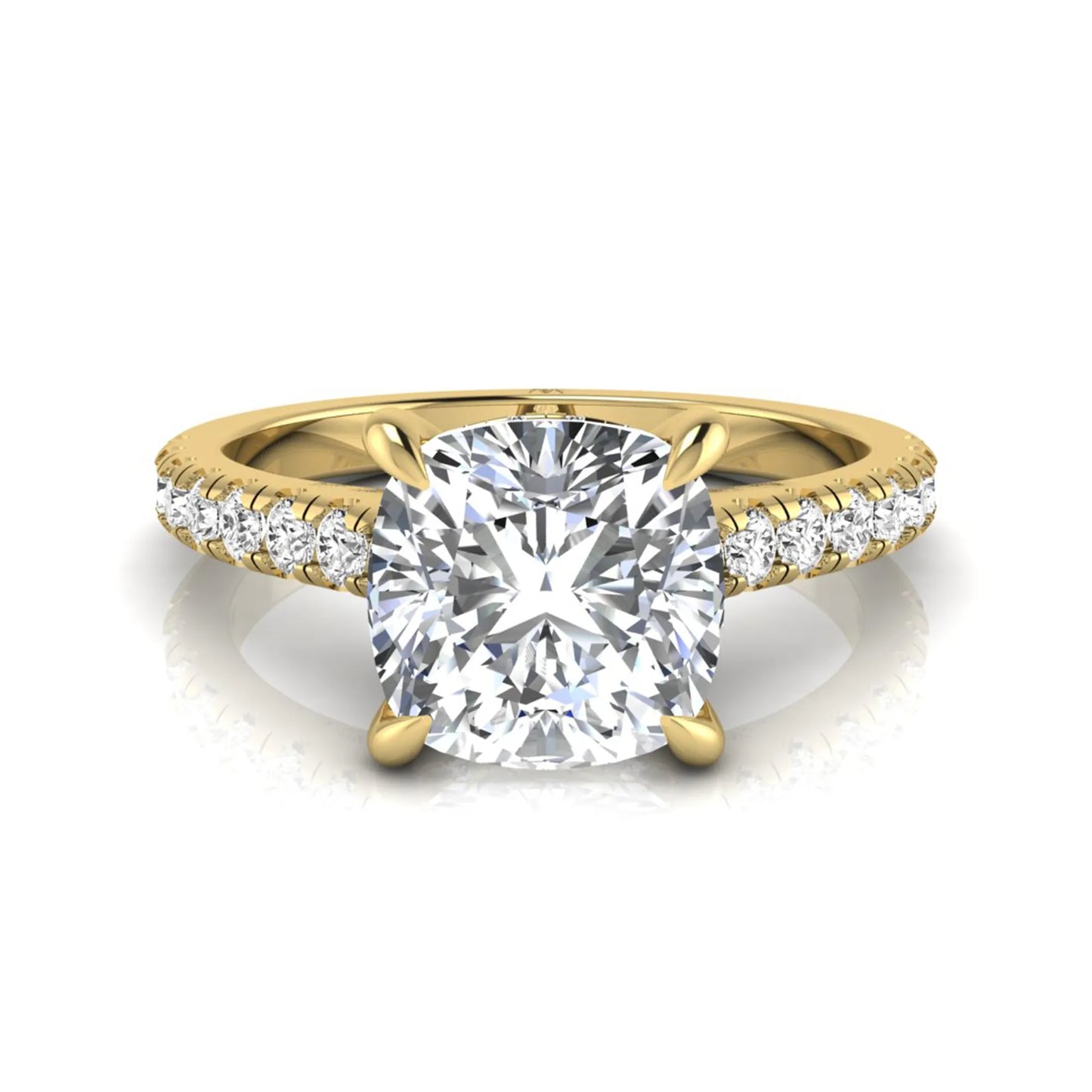 Cushion cut hidden halo lab grown diamond engagement ring featuring a 1.67 carat center diamond with a four-prong setting and round accent diamonds in a yellow gold design.