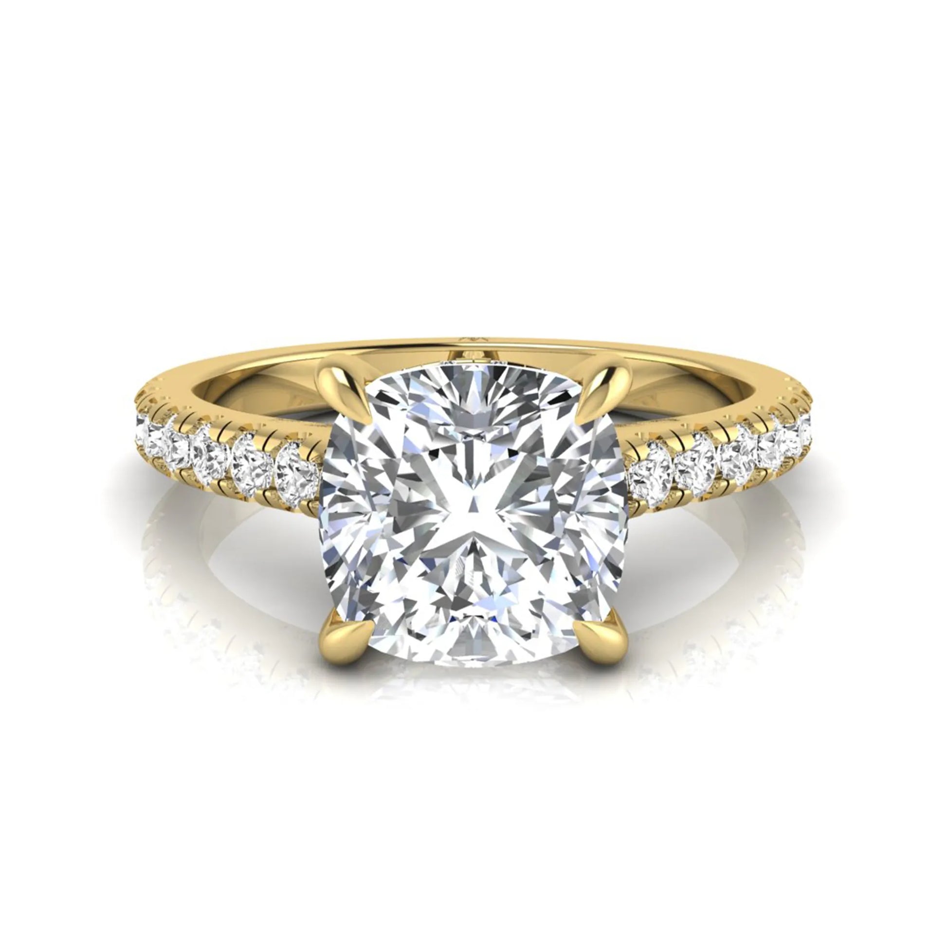 Cushion cut hidden halo lab grown diamond engagement ring featuring a 1.67 carat center diamond with a four-prong setting and round accent diamonds in a yellow gold design.