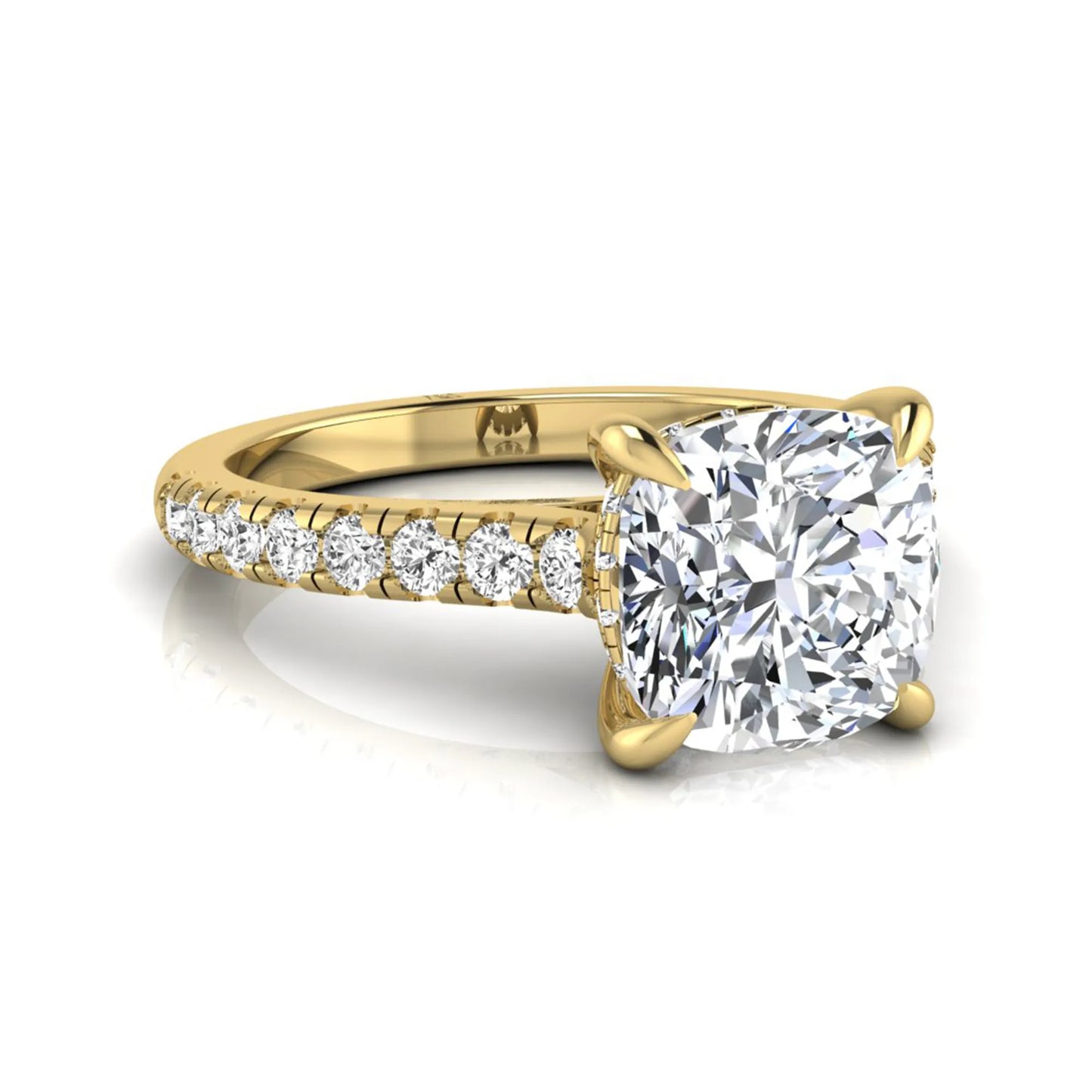 Cushion cut hidden halo lab grown diamond engagement ring featuring a 1.67 carat center diamond with a four-prong setting and round accent diamonds in a yellow gold design.