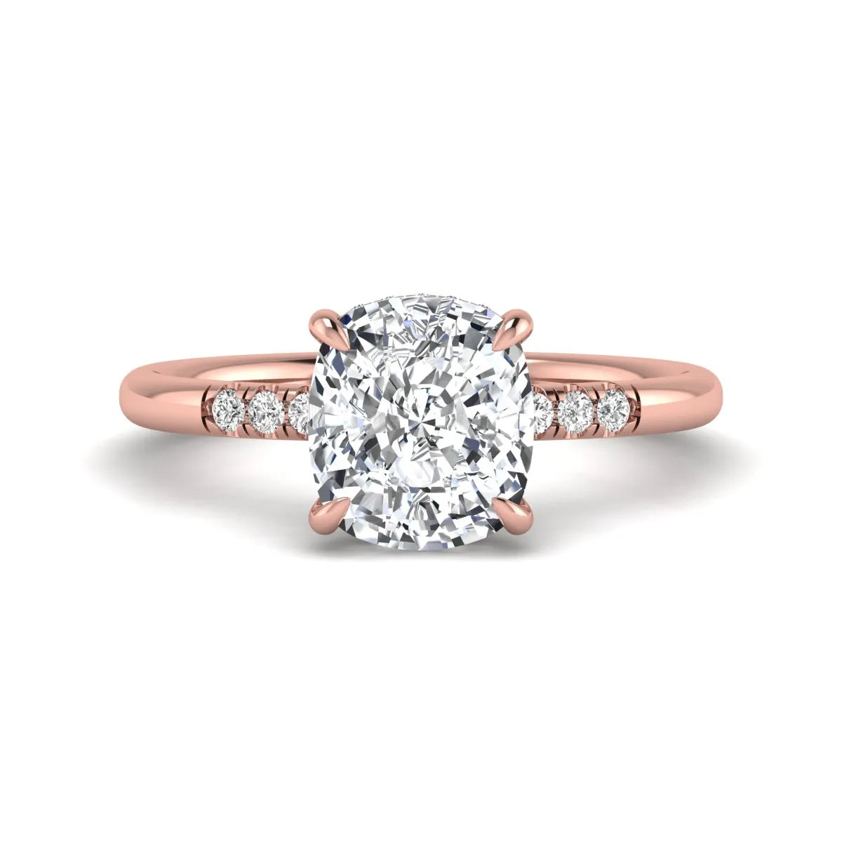 Cushion hidden halo lab grown diamond engagement ring featuring a 2.35 carat cushion cut center diamond with round accent diamonds on a rose gold band.