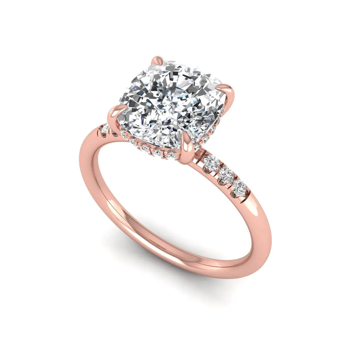 Cushion hidden halo lab grown diamond engagement ring featuring a 2.35 carat cushion cut center diamond with round accent diamonds on a rose gold band.