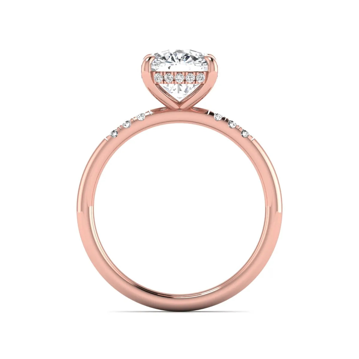 Cushion hidden halo lab grown diamond engagement ring featuring a 2.35 carat cushion cut center diamond with round accent diamonds on a rose gold band.