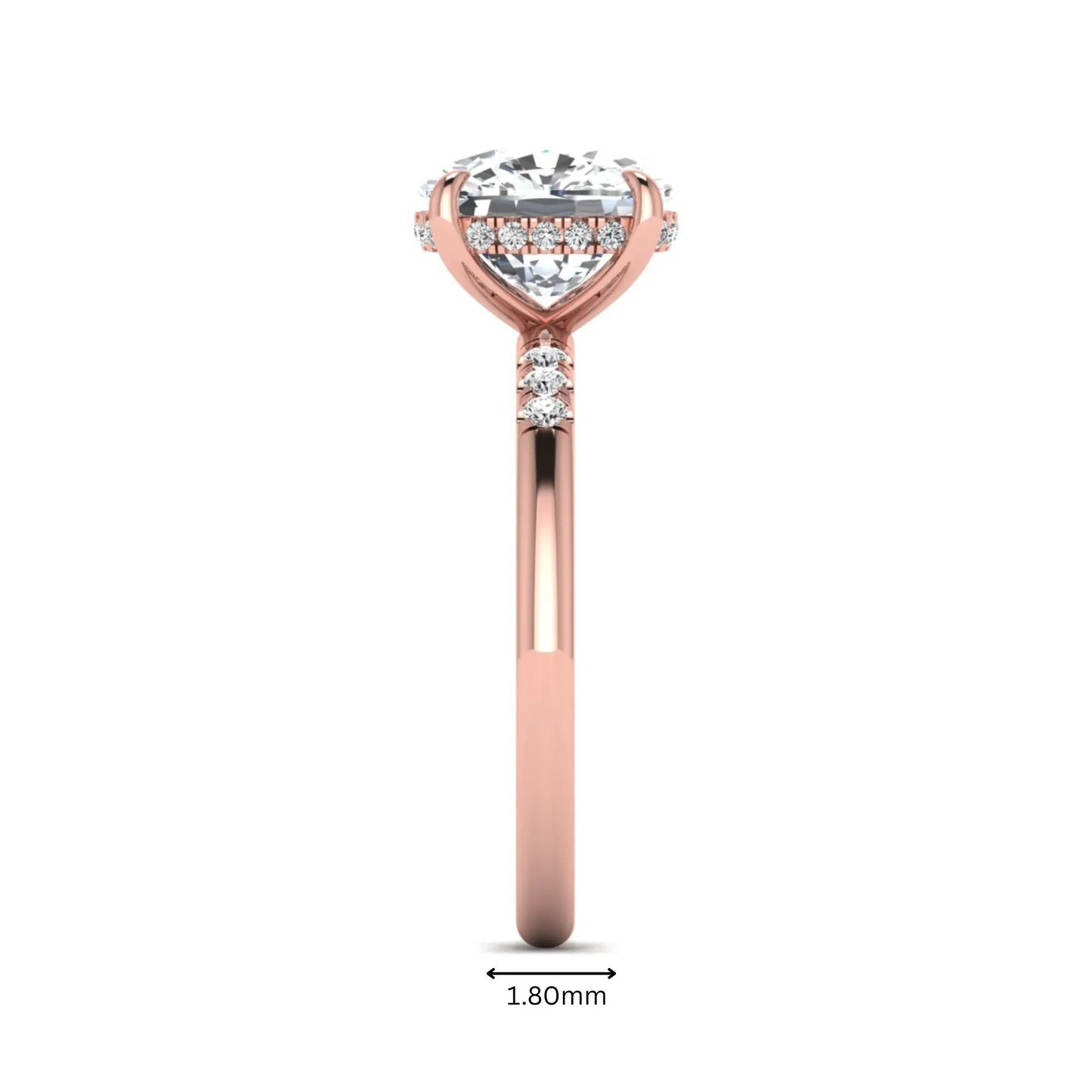 Cushion hidden halo lab grown diamond engagement ring featuring a 2.35 carat cushion cut center diamond with round accent diamonds on a rose gold band.