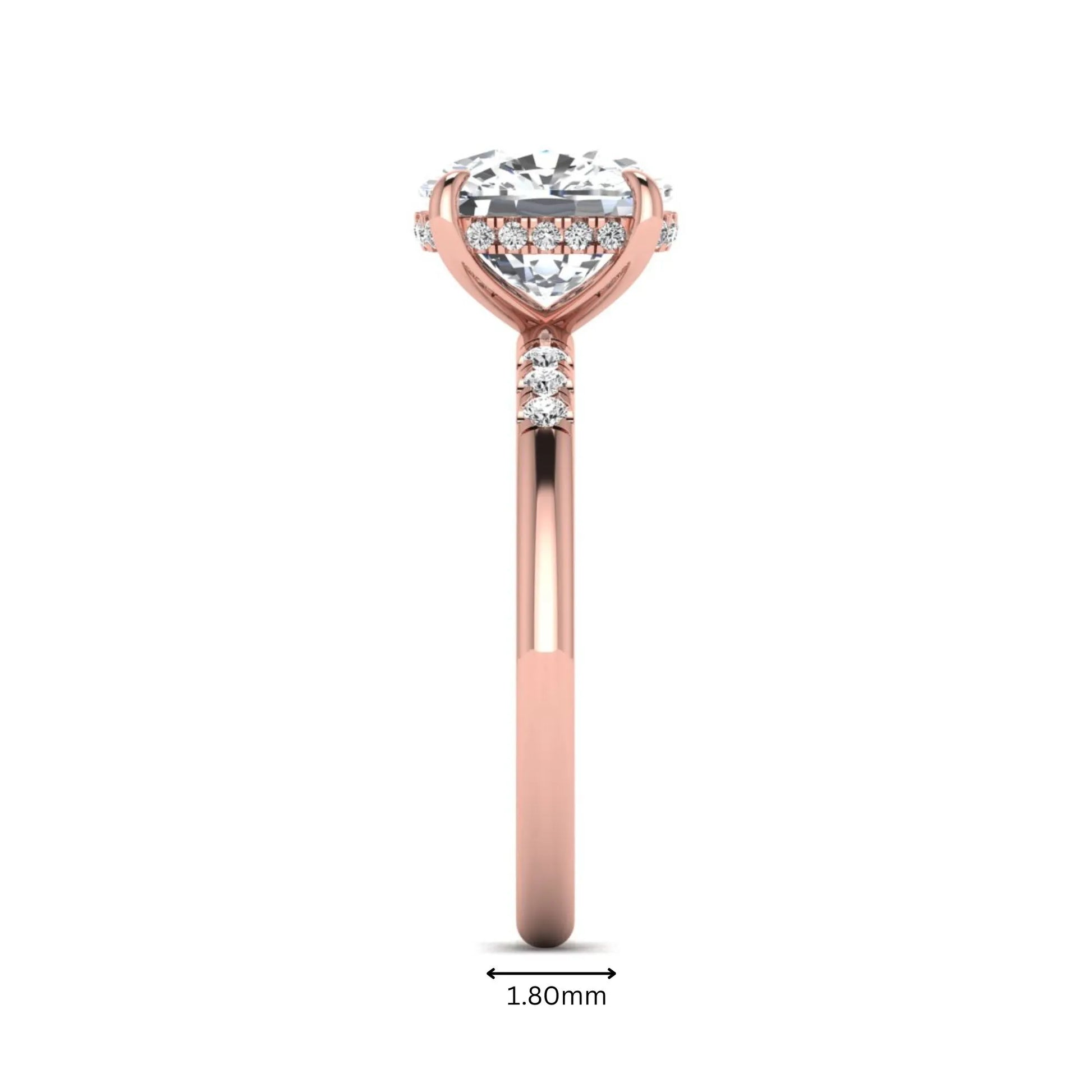 Cushion hidden halo lab grown diamond engagement ring featuring a 2.35 carat cushion cut center diamond with round accent diamonds on a rose gold band.