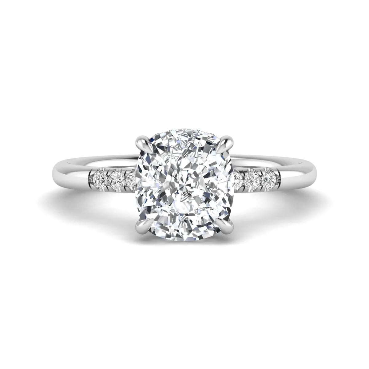 Cushion hidden halo lab grown diamond engagement ring featuring a 2.35 carat cushion cut center diamond with round accent diamonds on a white gold band.