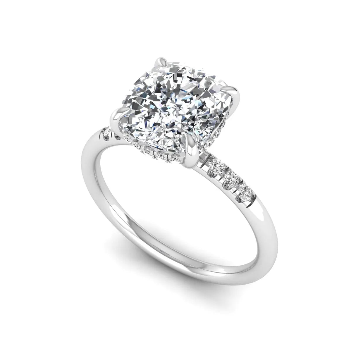 Cushion hidden halo lab grown diamond engagement ring featuring a 2.35 carat cushion cut center diamond with round accent diamonds on a white gold band.