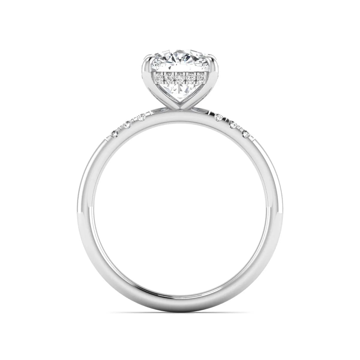 Cushion hidden halo lab grown diamond engagement ring featuring a 2.35 carat cushion cut center diamond with round accent diamonds on a white gold band.